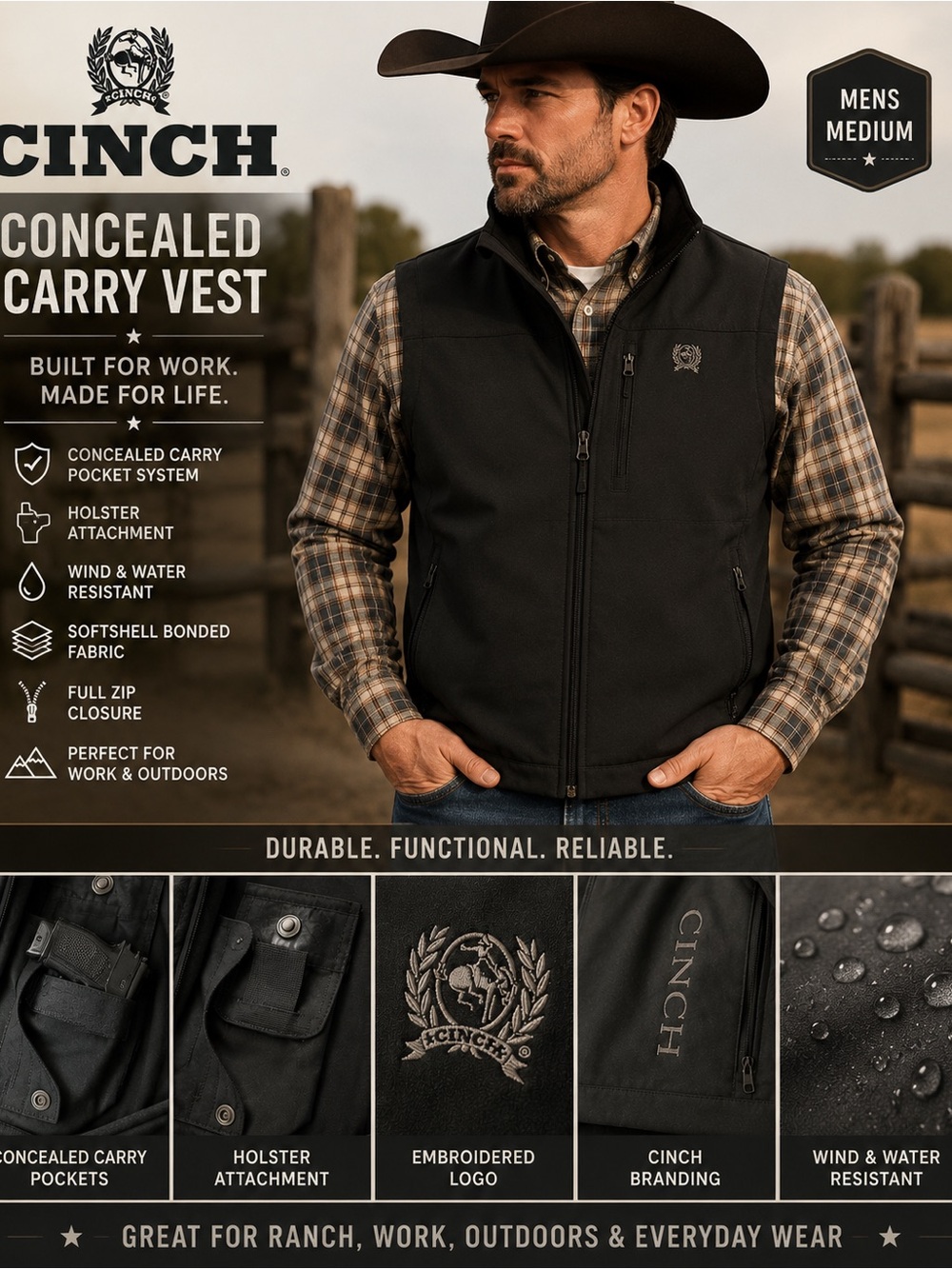 Cinch Men’s Concealed Carry Softshell Vest Black Size M Western Workwear